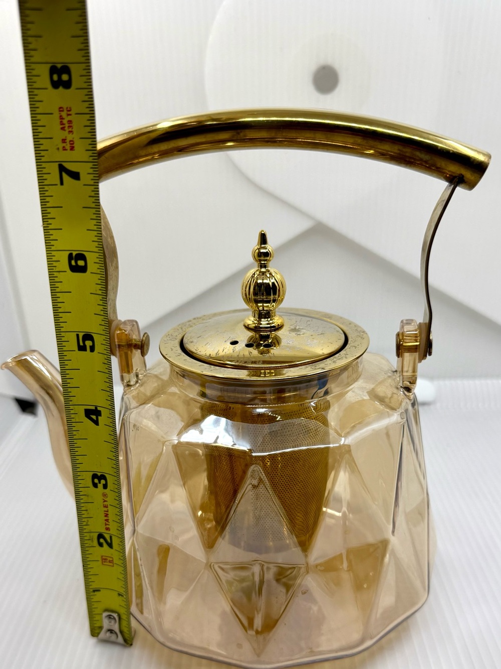 Charbrew Patterned Amber Borosilicate 1000 ml Teapot Gold Lid Infuser & Handle - Picture 5 of 6